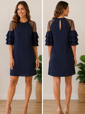 Alton Gray Navy Shift Dress Size 6 Cold Shoulder Mesh Ruffle Sleeve Cocktail
